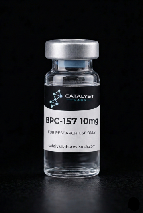 Glass vial labeled 'BPC-157 10mg' by Catalyst Labs on a black background