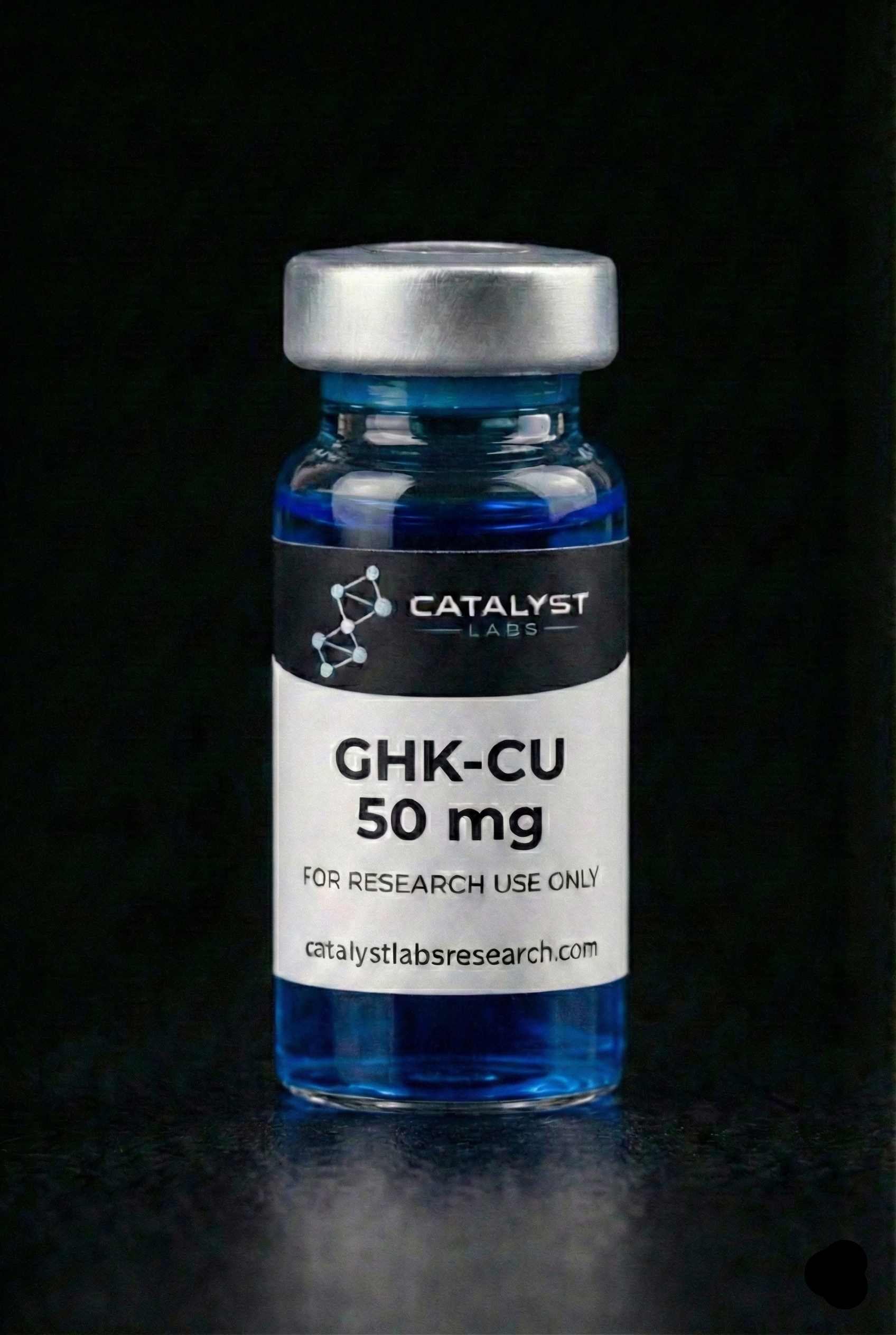 Vial labeled 'Catalyst Labs' with 'GHK-CU 50 mg' on a black background