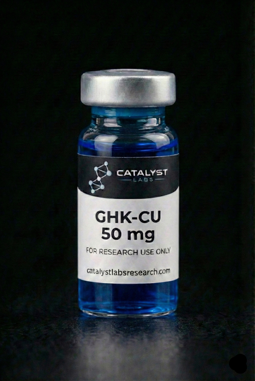 Vial labeled 'Catalyst Labs' with 'GHK-CU 50 mg' on a black background