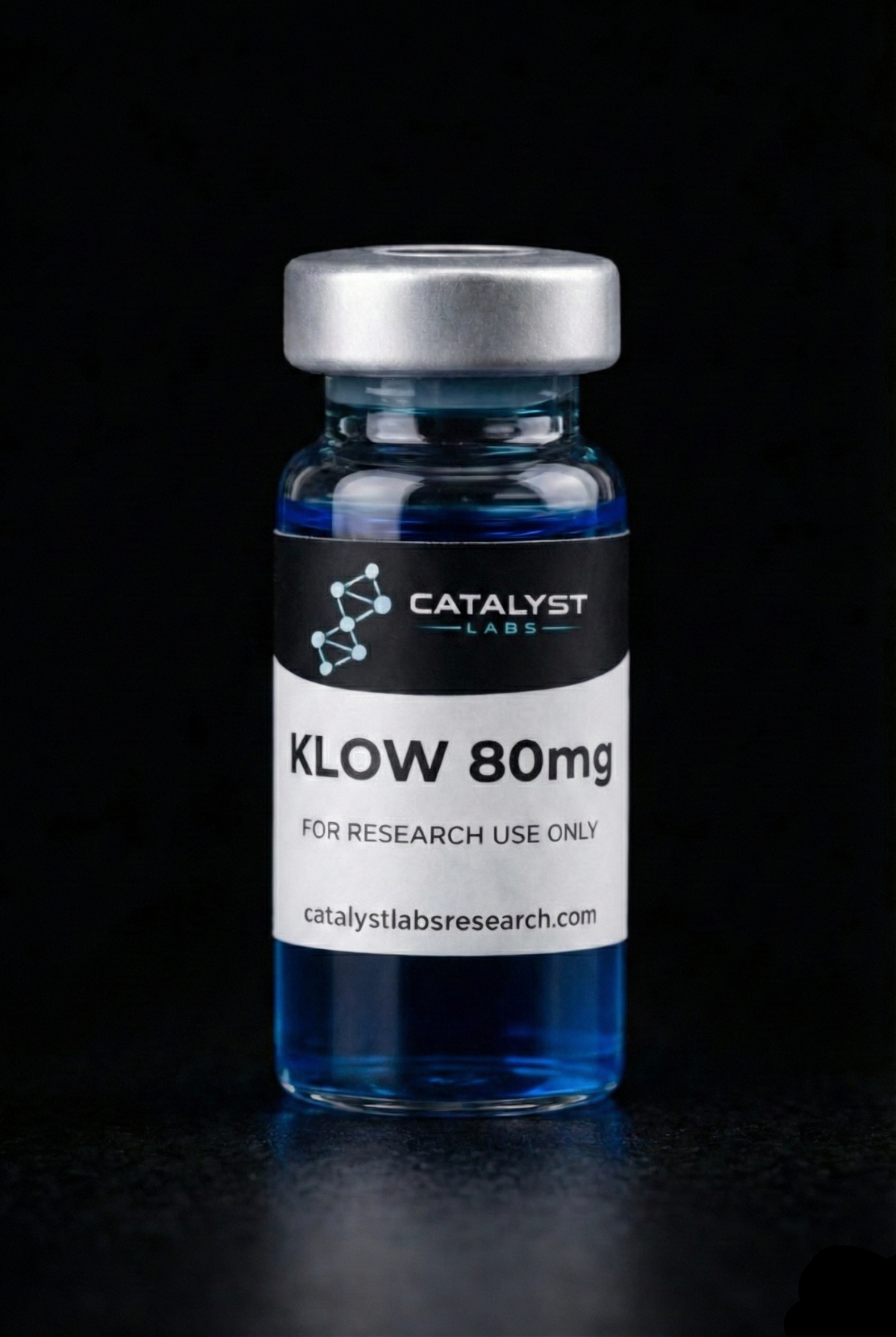 Glass vial labeled 'KLOW 80mg' by Catalyst Labs on a black background
